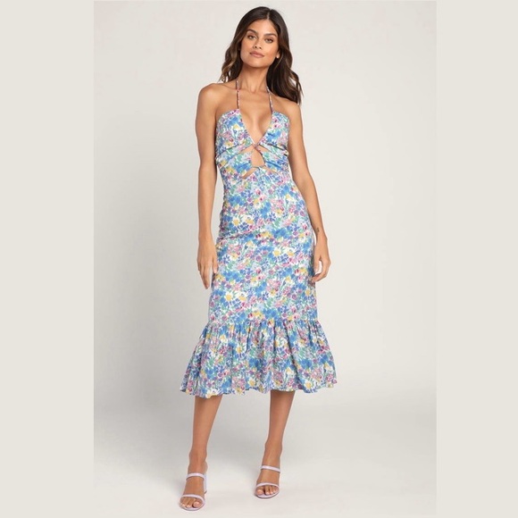 NWT Lulus Stun the Sun Blue Multi-Floral Drawstring Halter Midi Dress MSRP$88 - Picture 1 of 16